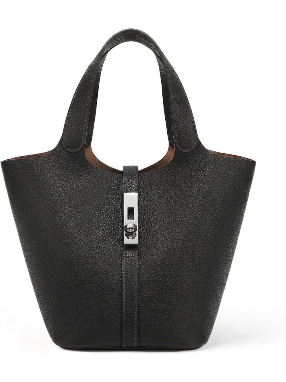 Women's Black Vegan Leather Satchel Tote Handle Lock Design Bucket Purse
